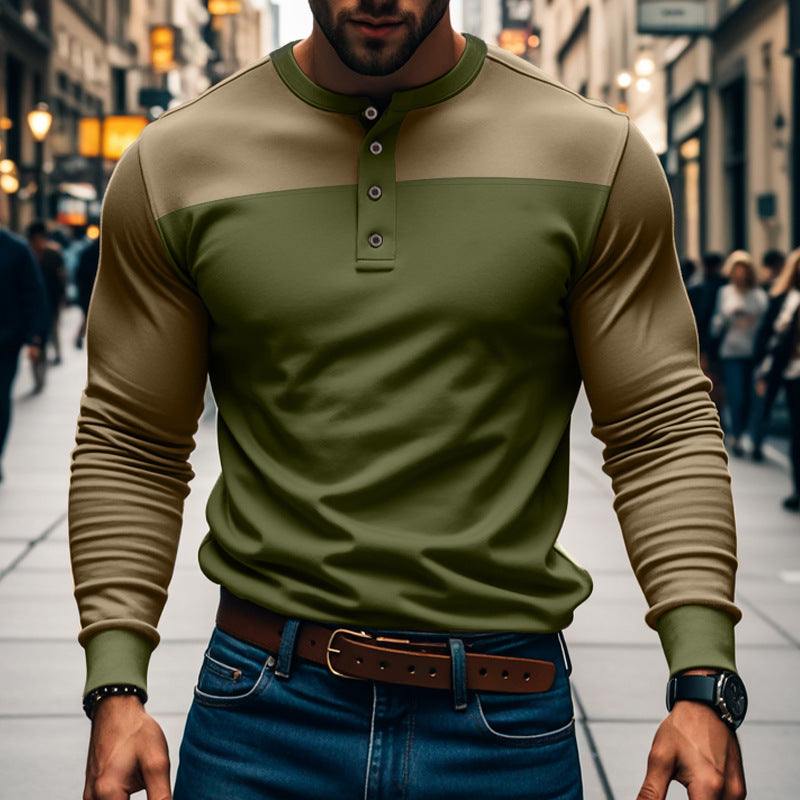 Maglia Henley da Uomo a Maniche Lunghe con Design a Blocchi di Colore