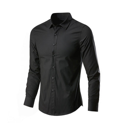 Camicia nera elegante da uomo a maniche lunghe, design classico con colletto e bottoni, ideale per abbigliamento formale e casual.