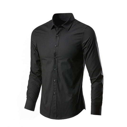 Camicia nera elegante da uomo a maniche lunghe, design classico con colletto e bottoni, ideale per abbigliamento formale e casual.