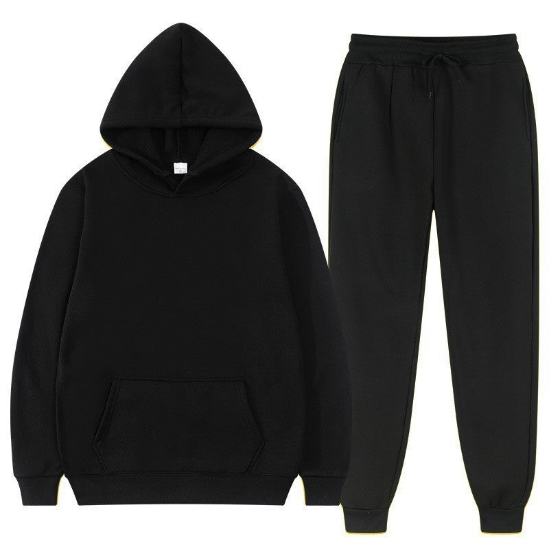 Set tuta nera unisex, felpa con cappuccio e pantaloni, abbigliamento casual, moda streetwear, comodo e versatile, ideale per ogni stagione.
