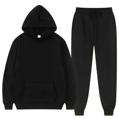 Set tuta nera unisex, felpa con cappuccio e pantaloni, abbigliamento casual, moda streetwear, comodo e versatile, ideale per ogni stagione.