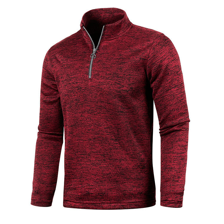 Maglione rosso melange con zip a metà, maniche lunghe, design casual sportivo. Ideale per moda uomo autunno inverno.