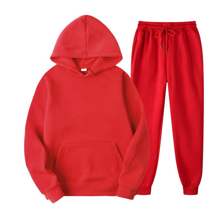 Felpa con cappuccio e pantaloni rossi, abbigliamento sportivo unisex, moda casual, tessuto morbido, ideale per attività all'aperto e tempo libero.