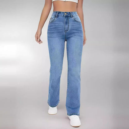 Jeans de mujer en denim elástico de talle alto, ajuste slim de pierna recta