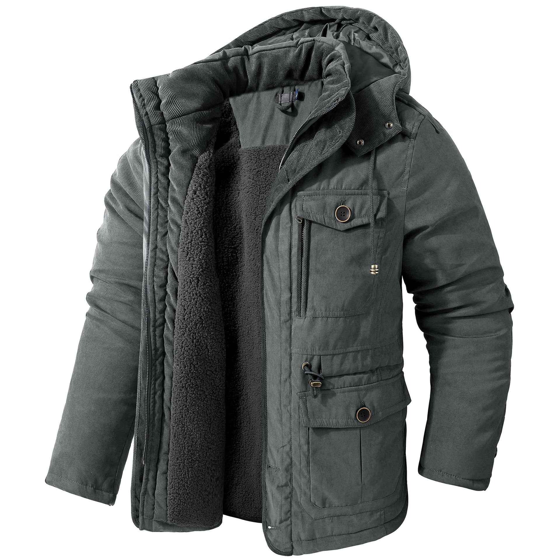 Giacca invernale uomo grigia con cappuccio, imbottitura in pile, tasche multiple e chiusura zip. Ideale per freddo, moda outdoor, abbigliamento casual.