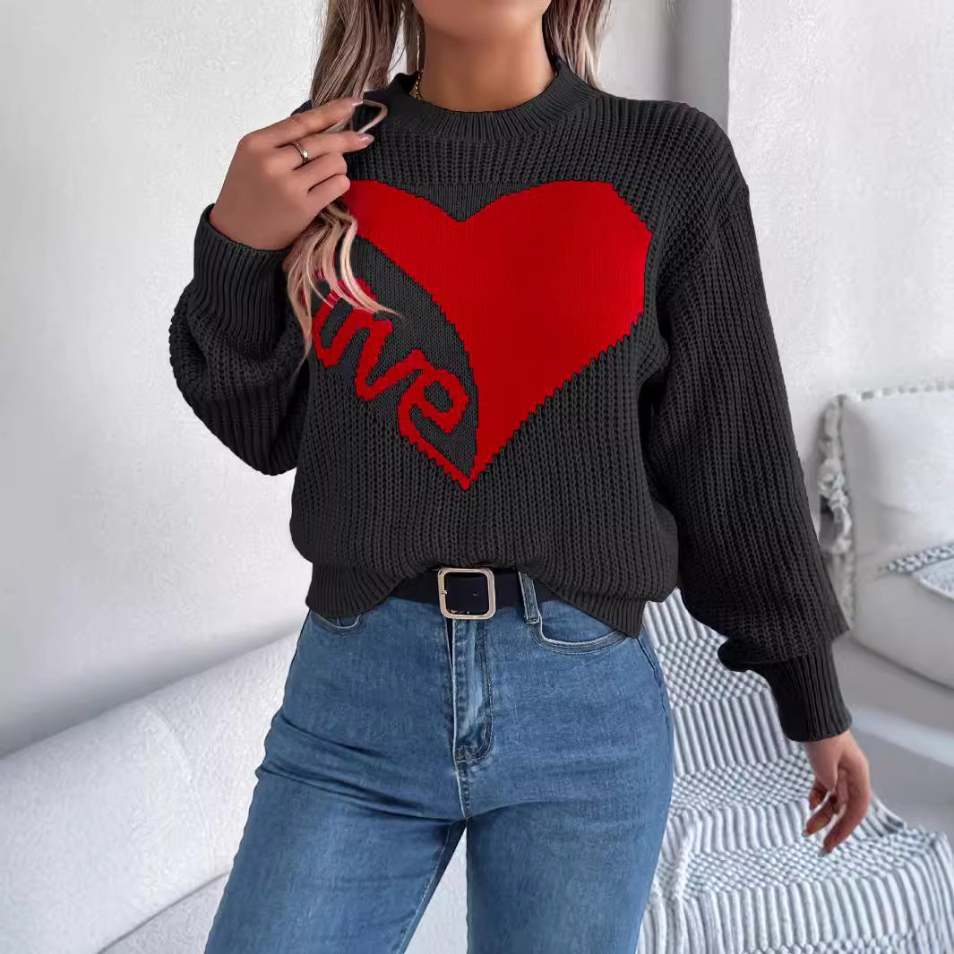 Maglione Donna in Maglia Acrilica con Stampa Cuori, Vestibilità Comoda e Maniche Lunghe