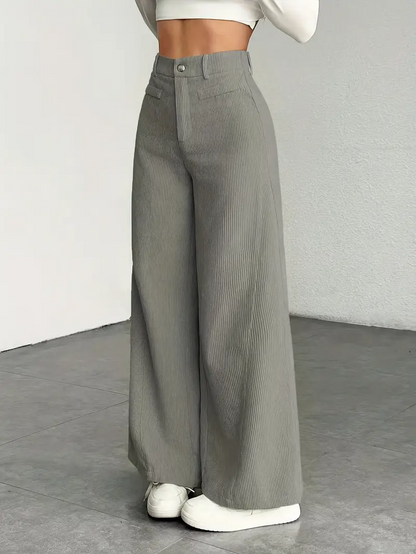Pantaloni da Donna in Velluto a Coste a Vita Alta e Gamba Larga