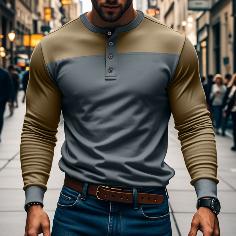 Maglia Henley da Uomo a Maniche Lunghe con Design a Blocchi di Colore