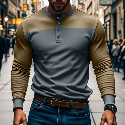 Maglia Henley da Uomo a Maniche Lunghe con Design a Blocchi di Colore