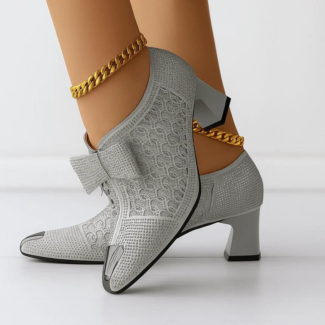 Décolleté Donna con Fiocco e Strass, Punta e Tacco a Blocco 6cm