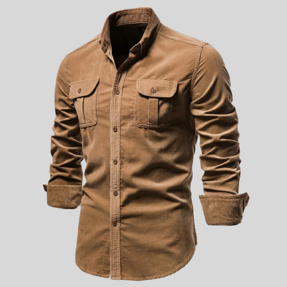 Camicia da Uomo in Velluto a Coste con Maniche Lunghe e Tasche Frontali