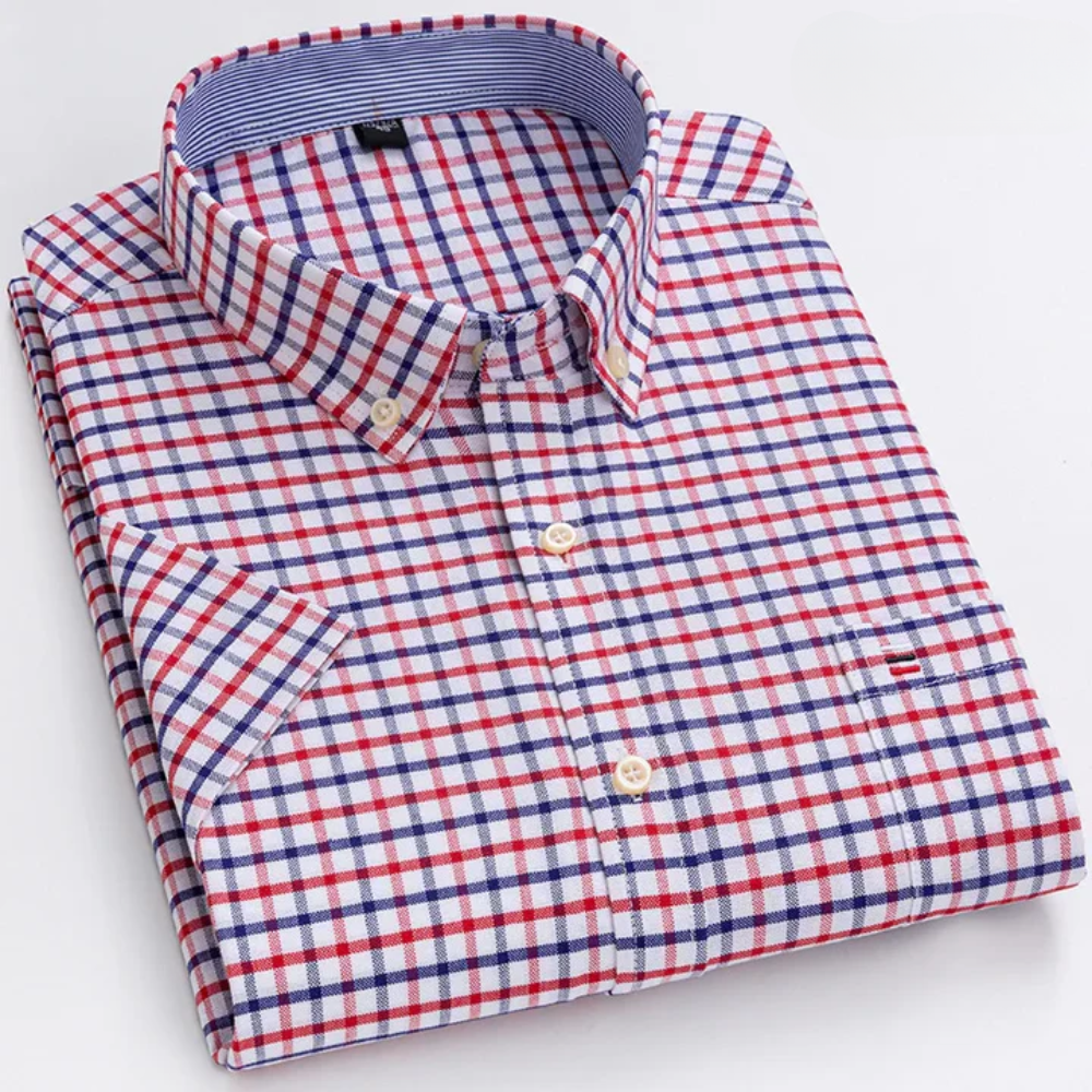 Camicia a quadri rossi e blu da uomo, manica lunga, colletto button-down, tessuto di cotone, stile casual elegante, perfetta per ogni occasione.