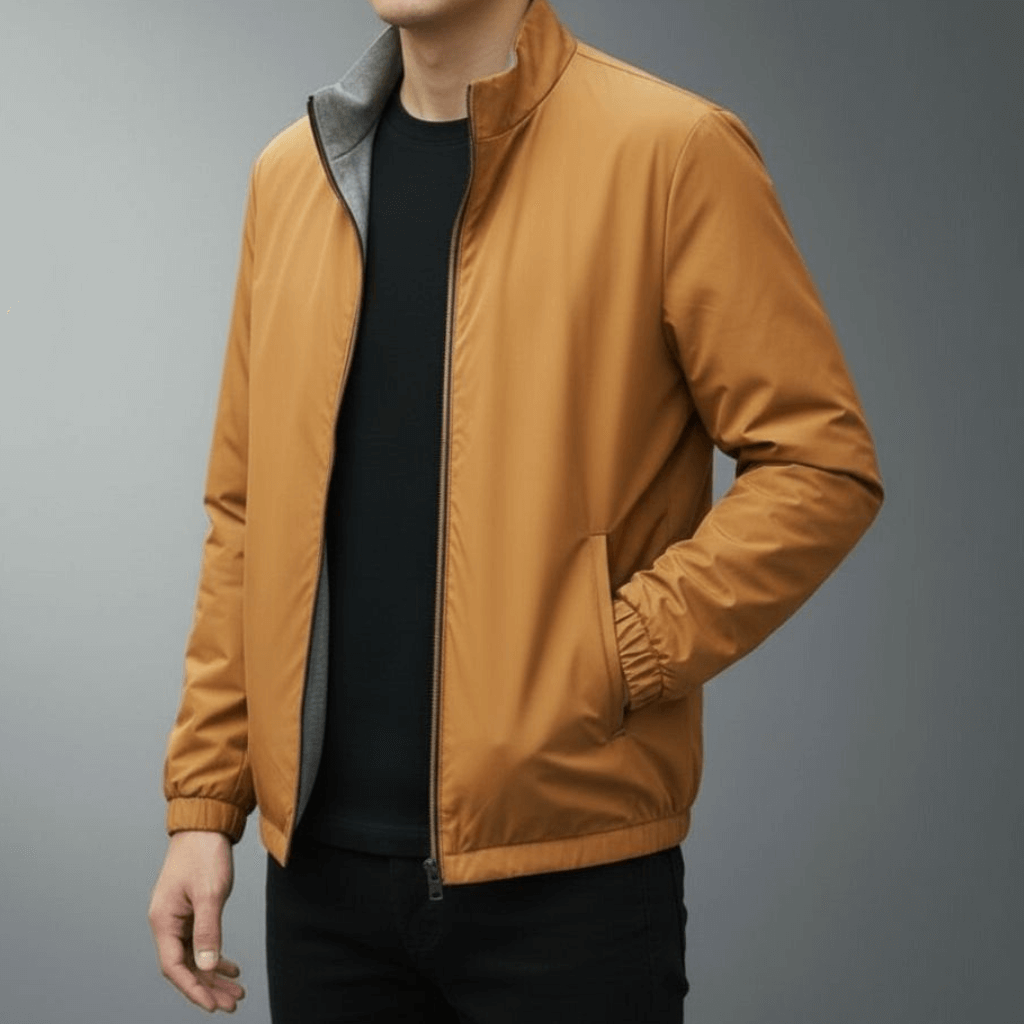 Giacca uomo marrone chiaro, stile casual, con zip frontale e colletto rialzato, indossata su maglia nera. Moda maschile autunnale elegante.