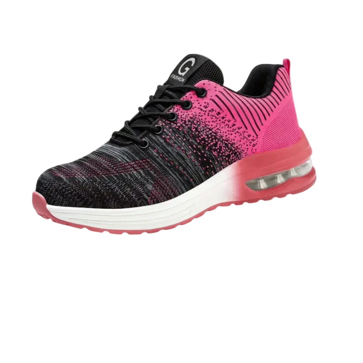 Scarpa da ginnastica donna, design moderno nero e rosa, suola ammortizzata, ideale per corsa e sport. Comfort e stile per attività fisica.