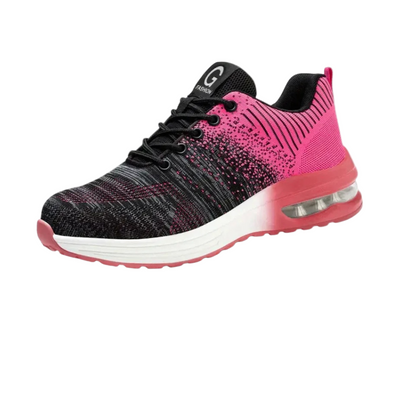 Scarpa da ginnastica donna, design moderno nero e rosa, suola ammortizzata, ideale per corsa e sport. Comfort e stile per attività fisica.