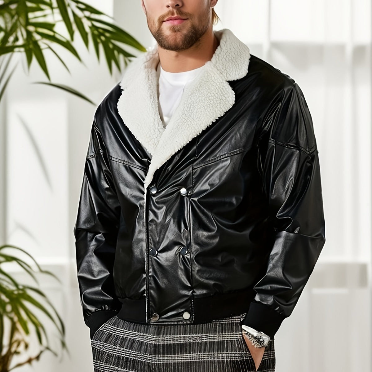 Giacca in pelle nera con colletto in pelliccia sintetica bianca, indossata da uomo in interni moderni. Moda maschile, abbigliamento invernale elegante.