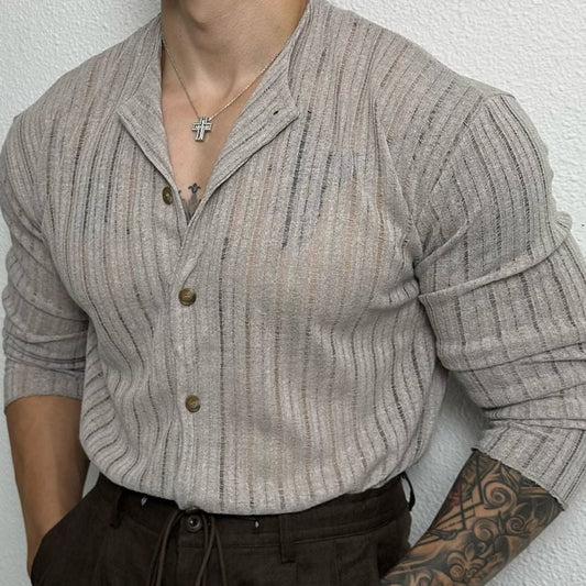 Camicia Uomo a Maniche Lunghe con Design in Maglia Traforata