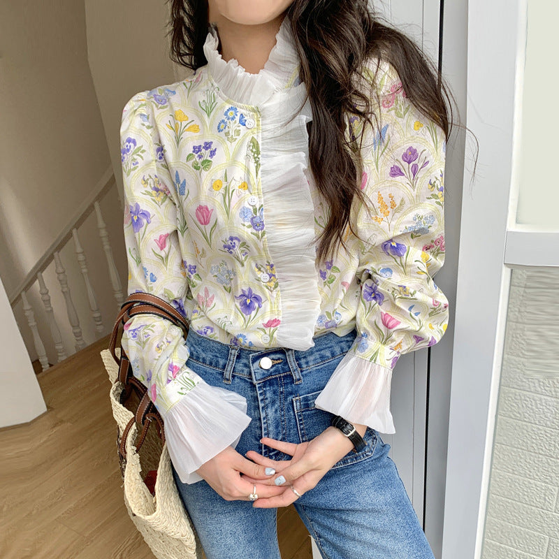 Blusa a Collo Alto con Patchwork e Balze con Maniche Svasate | Ideale per l'Autunno