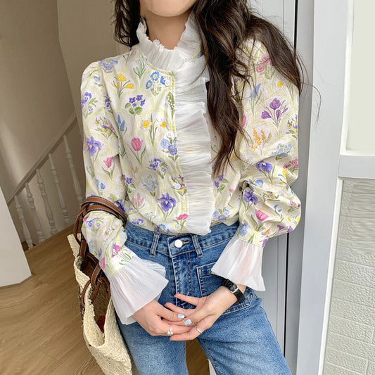 Blusa a Collo Alto con Patchwork e Balze con Maniche Svasate | Ideale per l'Autunno