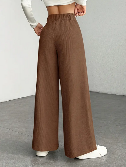 Pantaloni da Donna in Velluto a Coste a Vita Alta e Gamba Larga
