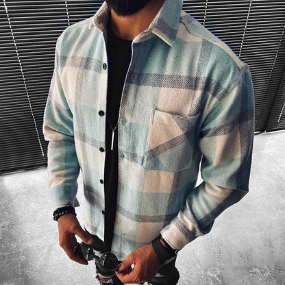 Camicia da Uomo a Maniche Lunghe con Motivo Scozzese e Colletto a Rever