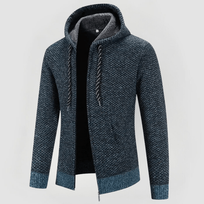 Felpa con cappuccio blu scuro, tessuto a maglia, zip frontale, laccetti regolabili. Moda uomo, abbigliamento casual, stile autunnale.