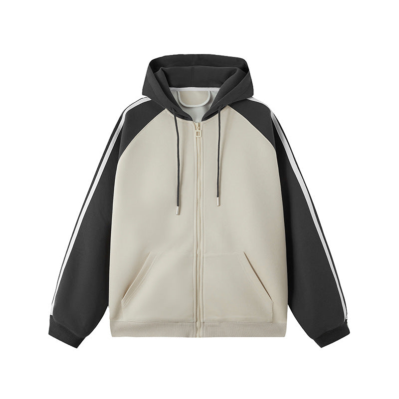Felpa con cappuccio bicolore beige e nero, maniche lunghe, chiusura a zip, tasche frontali, design casual sportivo, moda streetwear uomo.