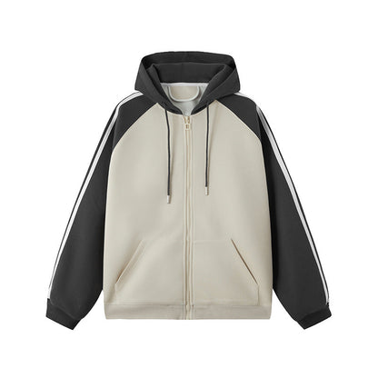 Felpa con cappuccio bicolore beige e nero, maniche lunghe, chiusura a zip, tasche frontali, design casual sportivo, moda streetwear uomo.