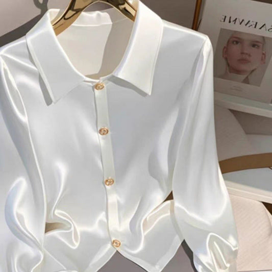 Women's Long Sleeve Shirt in White and Champagne with Regular Fit