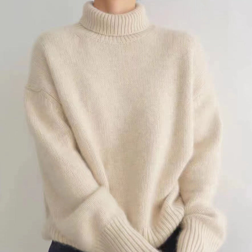Maglione a collo alto beige in lana, stile casual, moda autunno inverno, abbigliamento caldo e confortevole per donna.