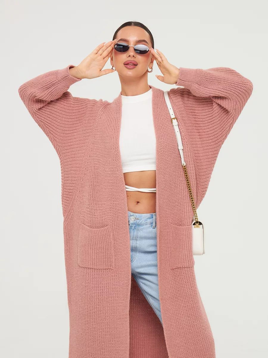 Cárdigan largo de mujer de punto con bolsillos y apertura frontal