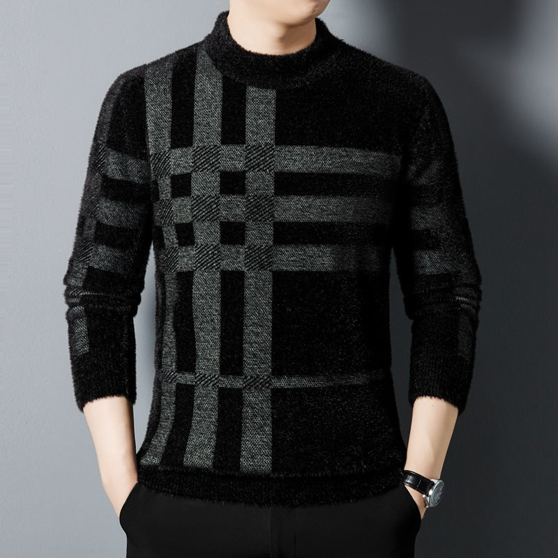 Maglione uomo nero a collo alto con motivo a quadri grigi, stile elegante e moderno, perfetto per moda invernale e abbigliamento casual.
