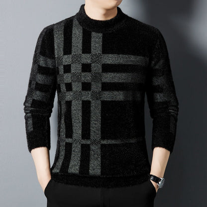 Maglione uomo nero a collo alto con motivo a quadri grigi, stile elegante e moderno, perfetto per moda invernale e abbigliamento casual.