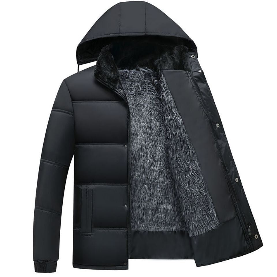 Giacca invernale nera con cappuccio, imbottitura in pelliccia sintetica grigia, design trapuntato, chiusura a bottoni, ideale per climi freddi.