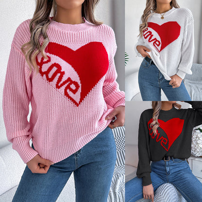 Maglione Donna in Maglia Acrilica con Stampa Cuori, Vestibilità Comoda e Maniche Lunghe