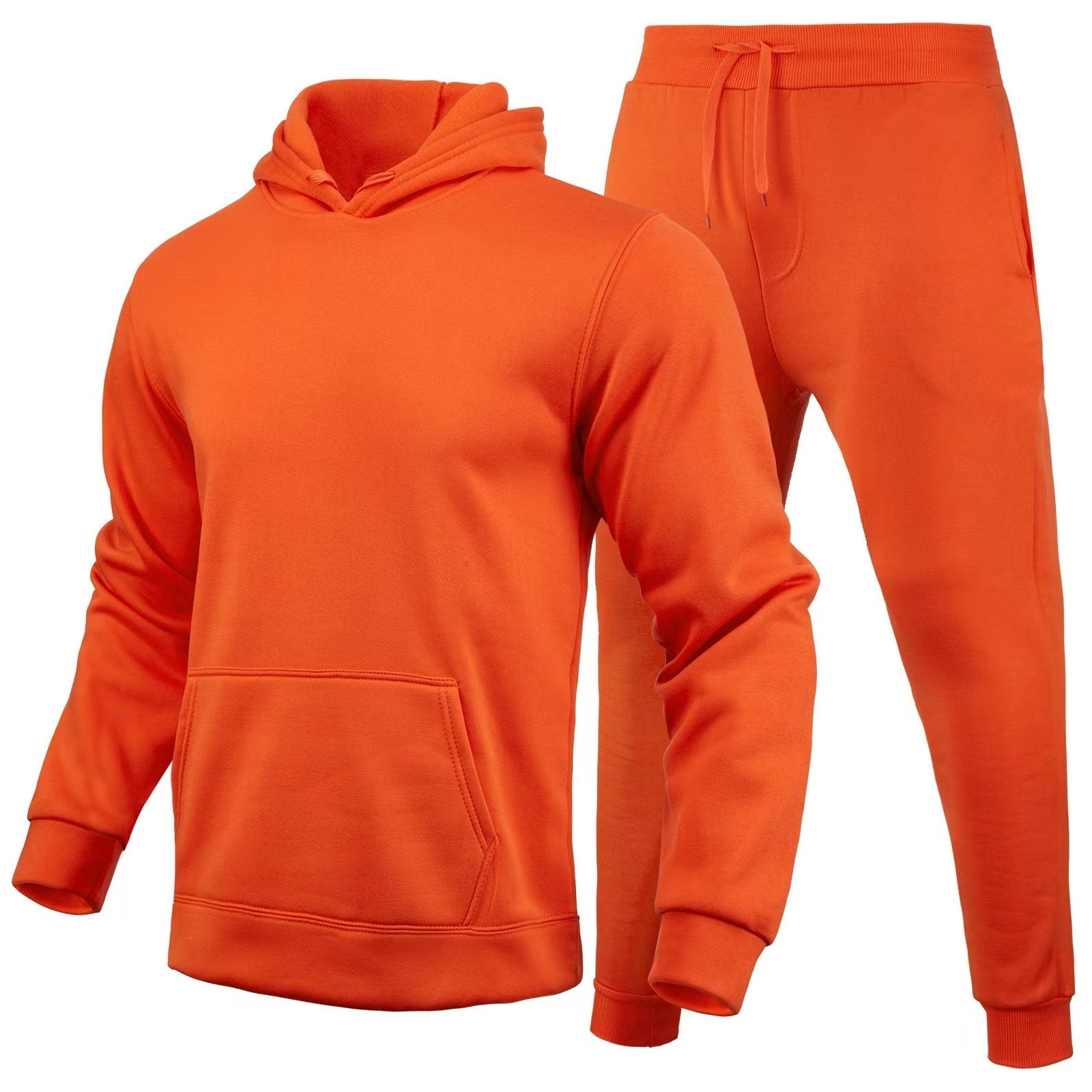 Tuta sportiva arancione unisex, composta da felpa con cappuccio e pantaloni, ideale per allenamento e tempo libero. Tessuto morbido e confortevole.