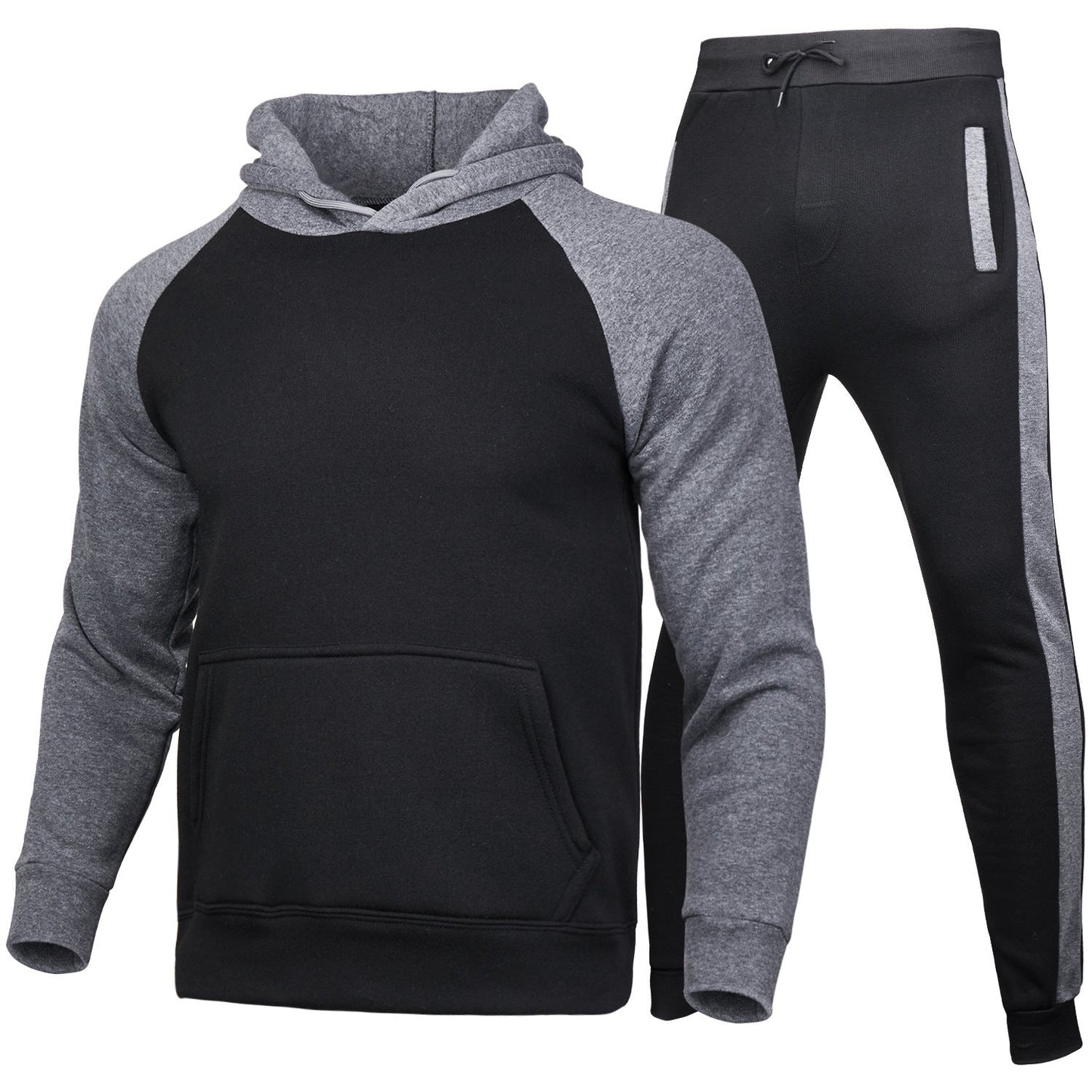 Tuta sportiva uomo invernale, felpa con cappuccio e pantaloni, colore nero e grigio, tessuto caldo, ideale per palestra e tempo libero.