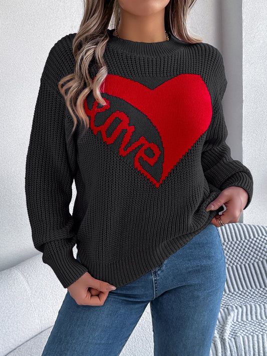 Maglione Donna in Maglia Acrilica con Stampa Cuori, Vestibilità Comoda e Maniche Lunghe