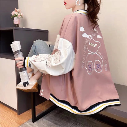 Chaqueta de mujer estilo béisbol con estampado de dibujos animados y mangas largas