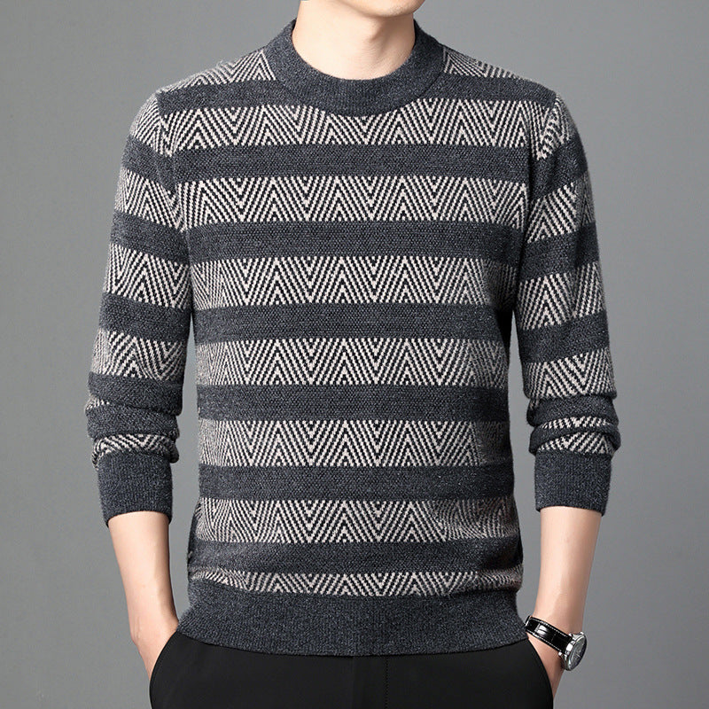 Maglione uomo a righe grigie e nere, motivo geometrico, maniche lunghe, stile casual elegante, perfetto per autunno e inverno.