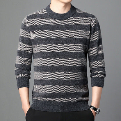 Maglione uomo a righe grigie e nere, motivo geometrico, maniche lunghe, stile casual elegante, perfetto per autunno e inverno.