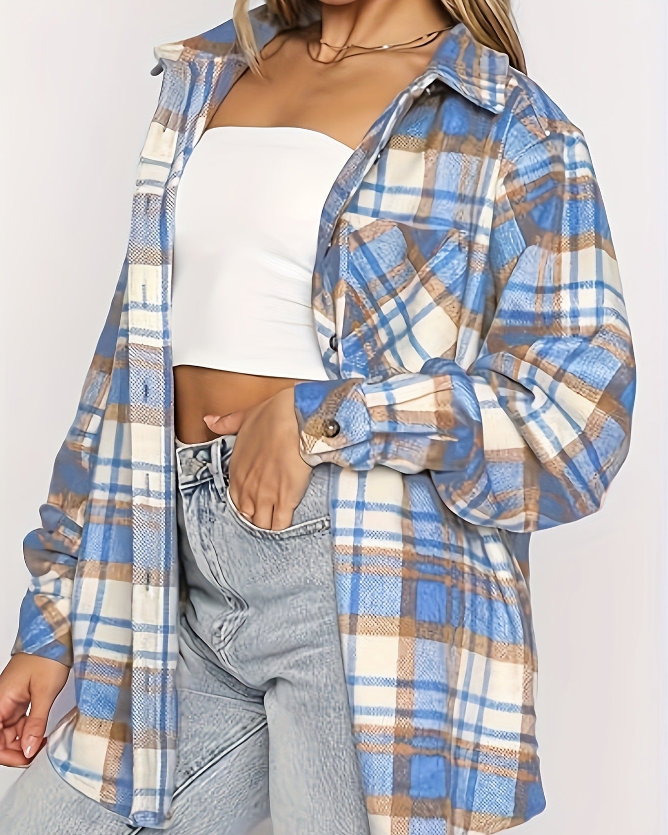 Dame Skjorte med Lange Ærmer i Ternet Mønster med Manchetknapdetalje og Prinsesseærmer