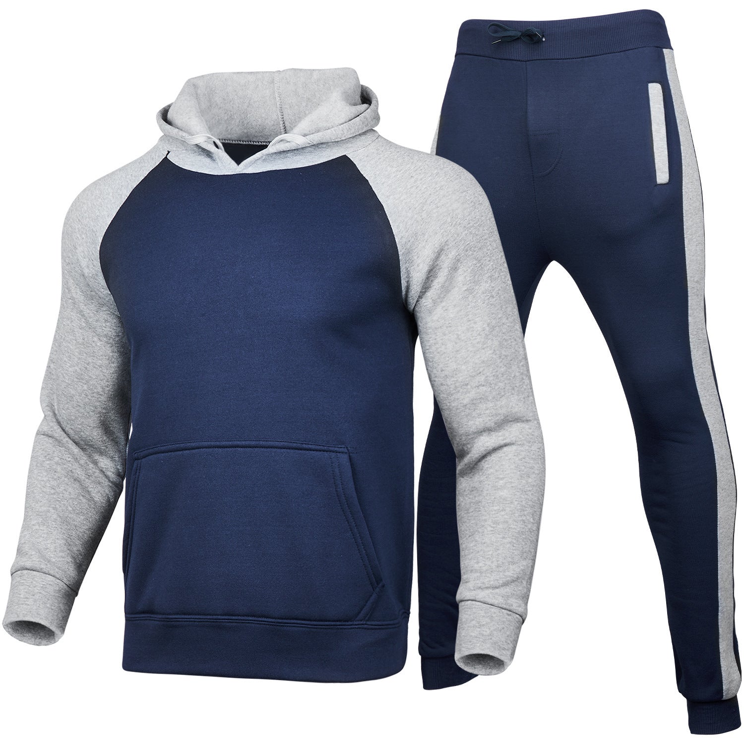 Tuta sportiva uomo blu e grigia, felpa con cappuccio e pantaloni, abbigliamento casual, moda fitness, tessuto comodo, stile moderno.