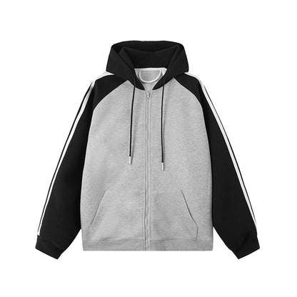 Felpa con cappuccio grigia e nera, maniche lunghe, chiusura a zip, design sportivo, dettagli a righe bianche, moda casual unisex.