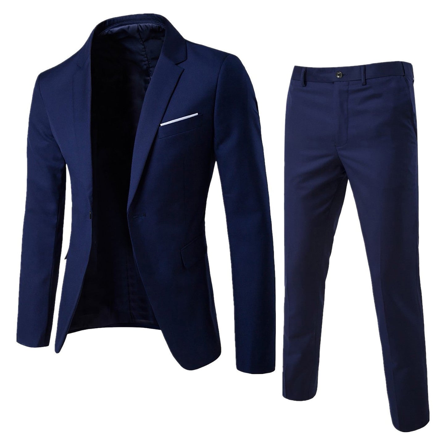 Completo elegante uomo blu scuro, giacca e pantaloni abbinati, stile classico, ideale per cerimonie e ufficio. Moda maschile formale.
