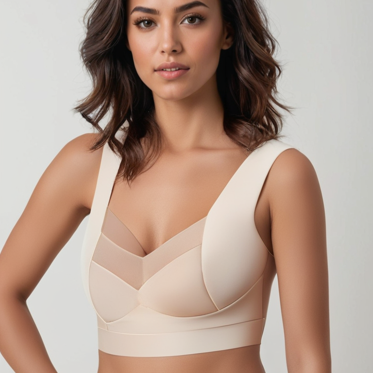 Modella indossa reggiseno beige senza cuciture, design elegante e confortevole, perfetto per supporto quotidiano. Moda intima femminile moderna.