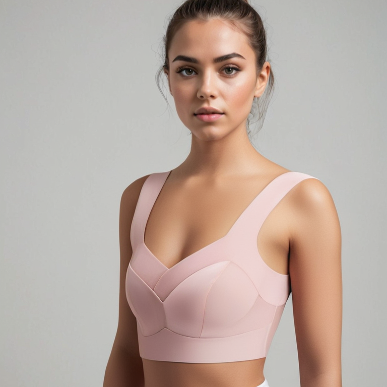 Giovane donna in top sportivo rosa, design moderno e confortevole, ideale per fitness e yoga. Abbigliamento sportivo femminile alla moda.
