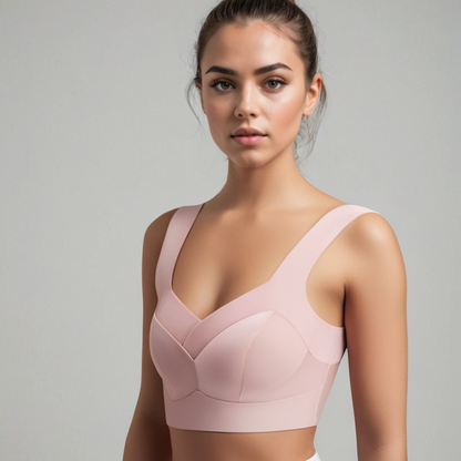 Giovane donna in top sportivo rosa, design moderno e confortevole, ideale per fitness e yoga. Abbigliamento sportivo femminile alla moda.