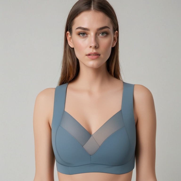 Modella indossa reggiseno sportivo blu, design moderno e confortevole, ideale per attività fisica. Tessuto traspirante, supporto ottimale.