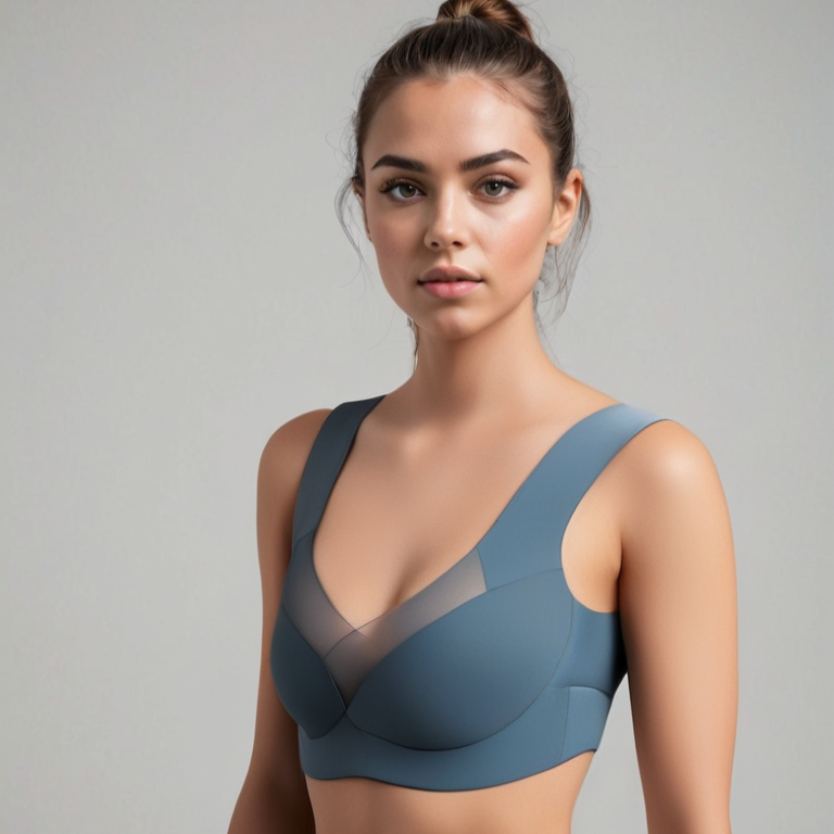 Giovane donna in reggiseno sportivo blu, design moderno e confortevole, ideale per fitness e yoga. Abbigliamento sportivo femminile alla moda.
